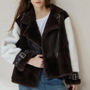Brown Casual Women's Lapel Zipper Faux Fur colorblock Jacket